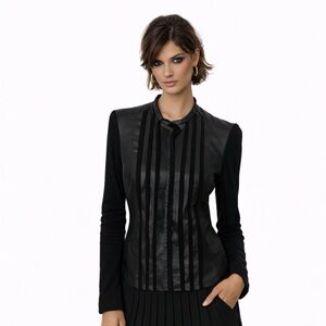 Cache Black Striped Long Sleeve Blouse top